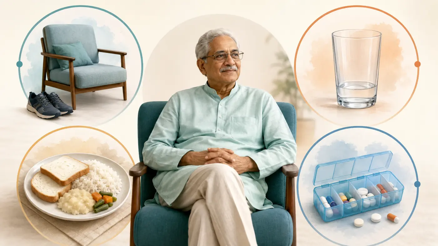 Common causes of constipation in older adults including low activity, inadequate water, low-fibre food and medicines