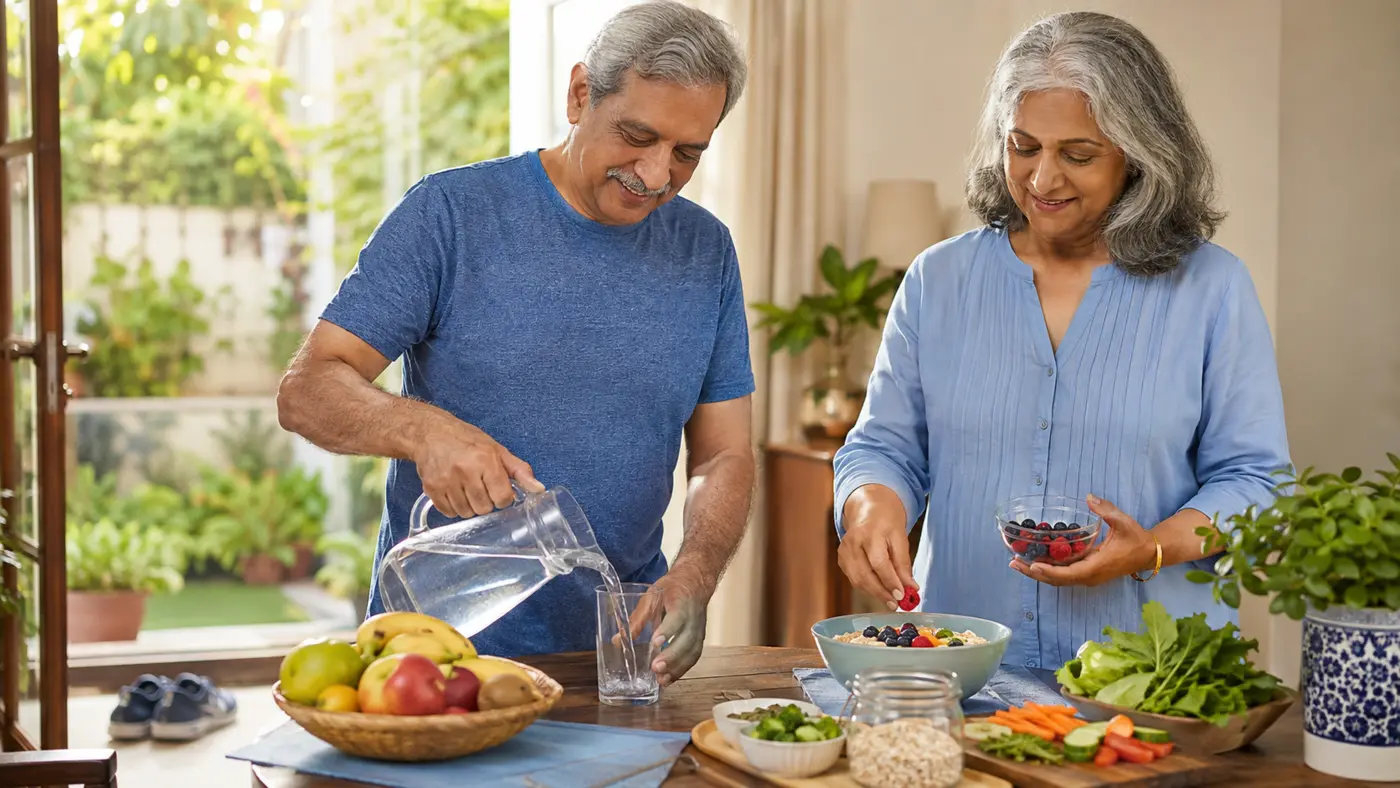 Older Indian couple preparing fibre-rich food and drinking water for healthy bowel movements