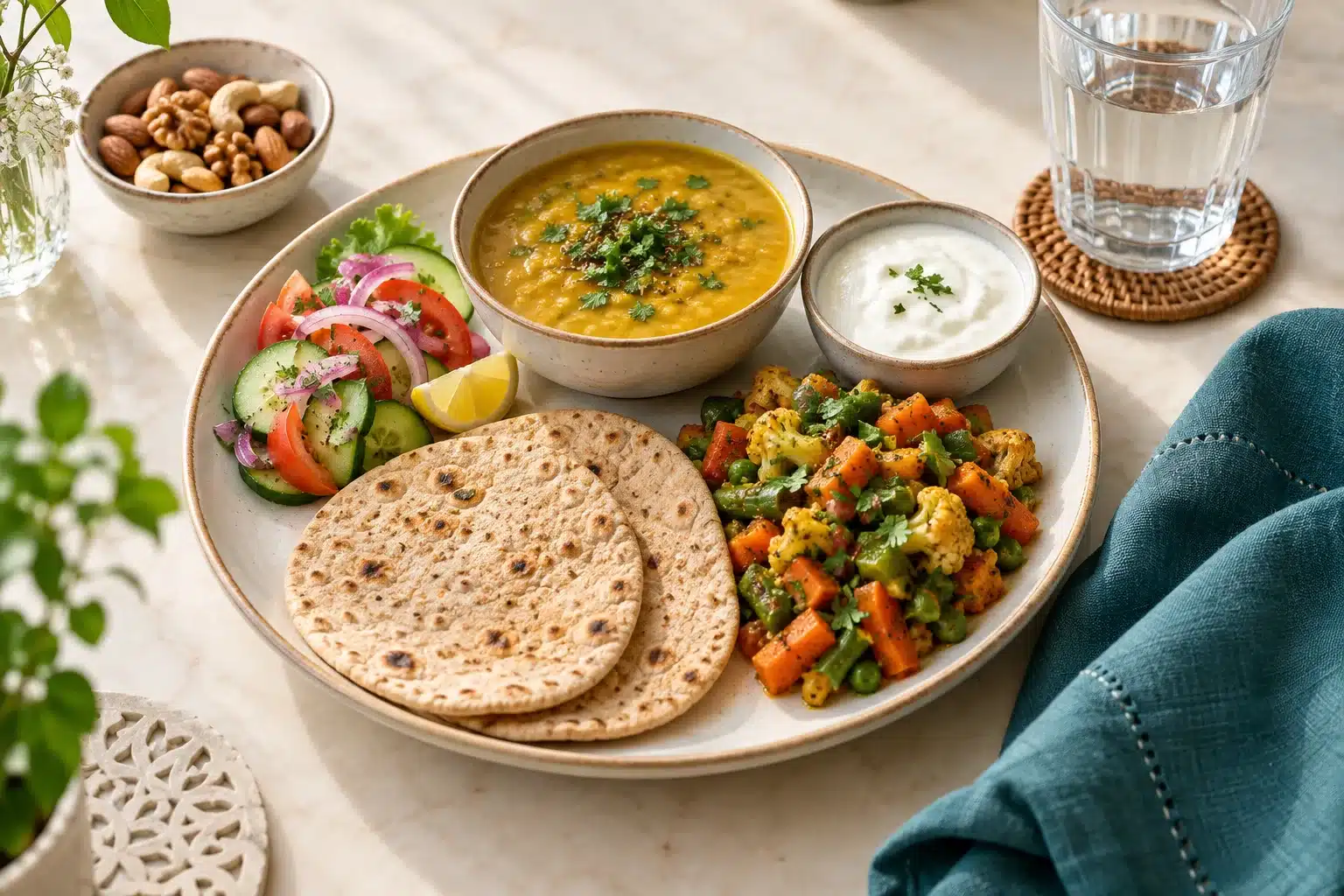 Balanced vegetarian meal with dal, roti, vegetables and curd