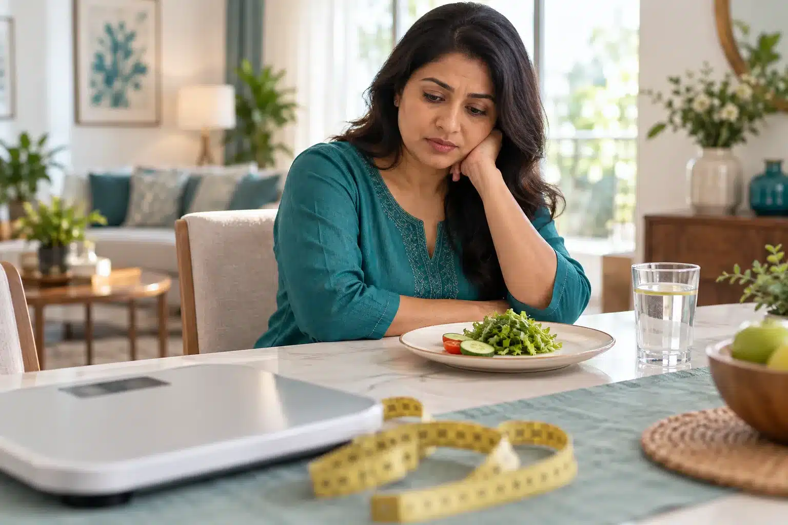 Illustrative scene of a woman considering a restrictive crash diet