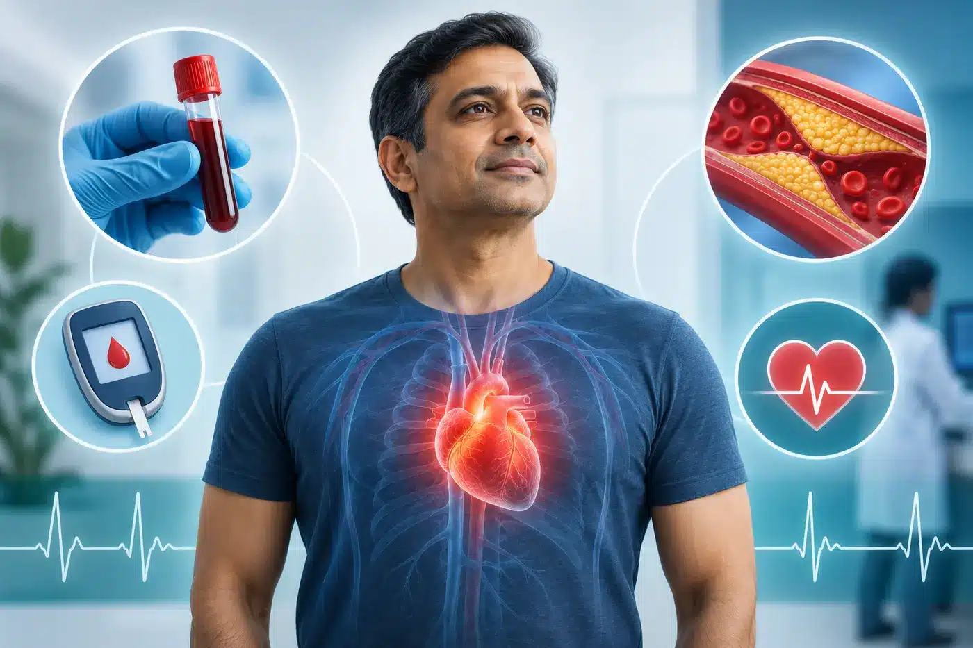 Medical illustration representing heart, blood sugar and cholesterol screening after age 40