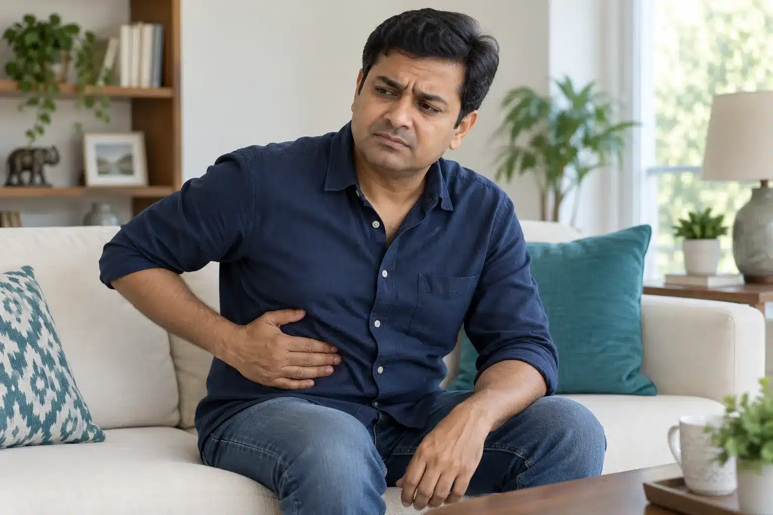 Illustrative scene of a man experiencing upper abdominal discomfort